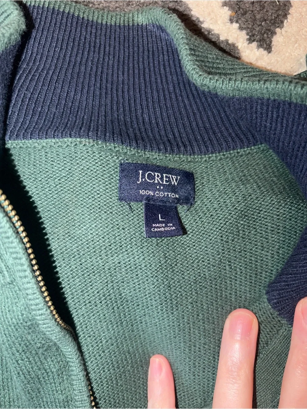 J. Crew Men's Half-Zip Knit Sweater in Olive Green with Navy Collar